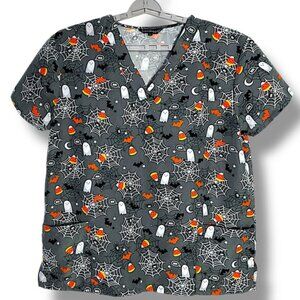 Cassandra O Halloween Theme Scrub Top Pockets Candy Corn Ghosts Gray Multi XL